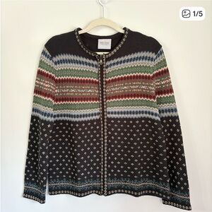 EAST WEST Vintage Fair Isle Zip Up Knit Sweater Rabbit Wool Womens M Winter Cozy